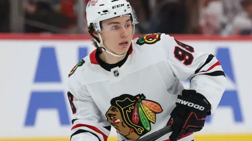 Connor Bedard #98 of the Chicago Blackhawks skates against the Washington Capitals during the first at Capital One Arena on April 04, 2025 in Washington, DC.