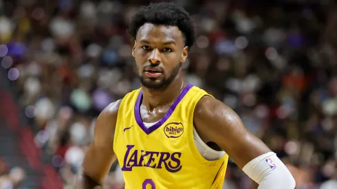 Bronny James #9 of the Los Angeles Lakers stands on the court during a break in the second half of a 2025 NBA Summer League game against the Dallas Mavericks.