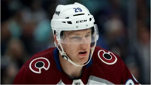 Nathan MacKinnon #29 of the Colorado Avalanche prepares for a faceoff against the Seattle Kraken during the third period at Climate Pledge Arena on October 17, 2023 in Seattle, Washington.