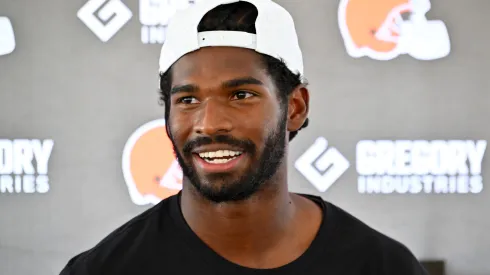 Quarterback Shedeur Sanders #12 of the Cleveland Browns talks to reporters during training camp at CrossCountry Mortgage Campus on July 25, 2025 in Berea, Ohio.