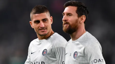 Marco Verratti and Lionel Messi of Paris Saint-Germain look on prior to the UEFA Champions League Group H match against Juventus.