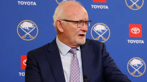 Head coach Lindy Ruff of the Buffalo Sabres talks to the media after the game against the Philadelphia Flyers at KeyBank Center on April 17, 2025 in Buffalo, New York.