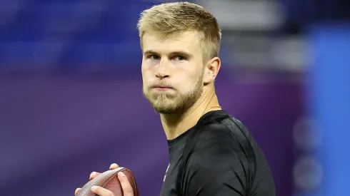 Tyler Shough #QB14 of Louisville participates in a drill during the NFL Scouting Combine at Lucas Oil Stadium on March 01, 2025 in Indianapolis, Indiana.