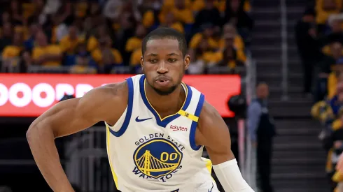 Jonathan Kuminga #00 of the Golden State Warriors dribbles the ball against the Houston Rockets in Game Three of the Western Conference First Round NBA Playoffs