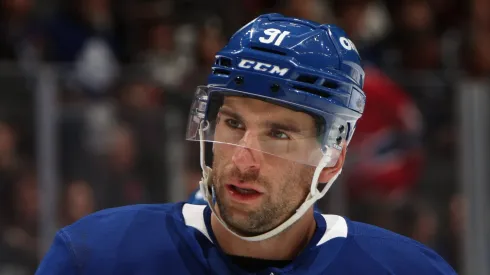 John Tavares #91 of the Toronto Maple Leafs skates against the Montreal Canadiens at Scotiabank Arena on November 09, 2024 in Toronto, Ontario, Canada.