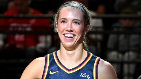 Lexie Hull #10 of the Indiana Fever is introduced before the game against the Washington Mystics at CFG Bank Arena on May 28, 2025.