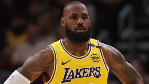 LeBron James #23 of the Los Angeles Lakers looks on against the Chicago Bulls at the United Center.