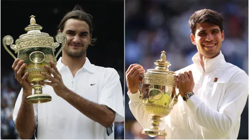 Roger Federer after winning Wimbledon in 2003 and Carlos Alcaraz in 2024.