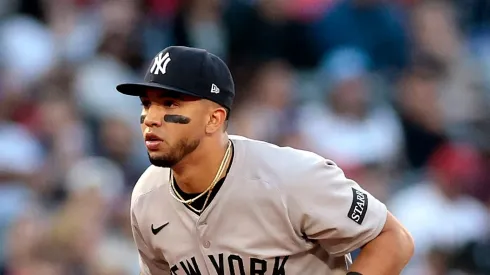 Oswald Peraza #18 of the New York Yankees during play against the Los Angeles Angels at Angel Stadium of Anaheim on May 28, 2025 in Anaheim, California.