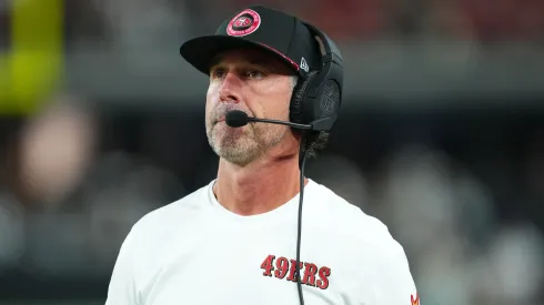 Head coach Kyle Shanahan of the San Francisco 49ers looks on from the sideline during the first half of a preseason game against the Las Vegas Raiders at Allegiant Stadium on August 23, 2024 in Las Vegas, Nevada.