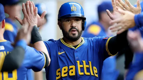 Eugenio Suárez #28 of the Seattle Mariners celebrates a run during the fourth inning against the Texas Rangers at T-Mobile Park on July 31, 2025 in Seattle, Washington.