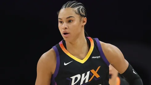 Satou Sabally #0 of the Phoenix Mercury handles the ball during the first half of the WNBA game at PHX Arena on May 27, 2025.