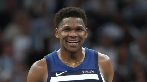 Anthony Edwards #5 of the Minnesota Timberwolves smiles against the Golden State Warriors.