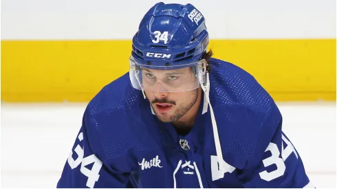Auston Matthews #34 of the Toronto Maple Leafs warms up prior to action against the Edmonton Oilers in an NHL game at Scotiabank Arena on March 23, 2024 in Toronto, Ontario, Canada.