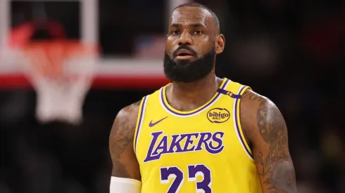 LeBron James #23 of the Los Angeles Lakers looks on against the Chicago Bulls at the United Center.