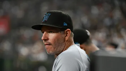 Manager Clayton McCullough #86 of the Miami Marlins looks on from the dugout against the Arizona Diamondbacks during the third inning at Chase Field on June 28, 2025 in Phoenix, Arizona.