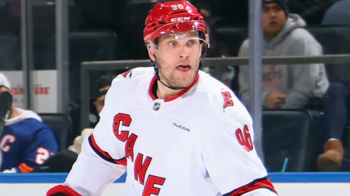 Mikko Rantanen #96 of the Carolina Hurricanes skates against the New York Islanders at UBS Arena on January 25, 2025 in Elmont, New York.