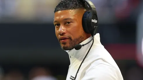 Head coach Marcus Freeman of the Notre Dame Fighting Irish reacts against the Georgia Tech Yellow Jackets during the first quarter at Bobby Dodd Stadium on October 19, 2024 in Atlanta, Georgia.