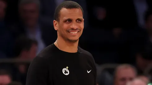 Head coach Joe Mazzulla of the Boston Celtics reacts in the fourth quarter against the New York Knicks in Game Four of the Eastern Conference.