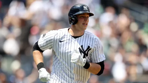 Ben Rice #22 of the New York Yankees rounds the bases following his second inning solo home run against the Baltimore Orioles at Yankee Stadium on June 21, 2025 in New York City.