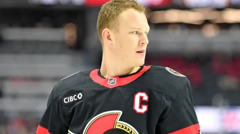 Brady Tkachuk #7 of the Ottawa Senators takes part in warm-up prior to game against n at Canadian Tire Centre on December 07, 2024 in Ottawa, Ontario.

