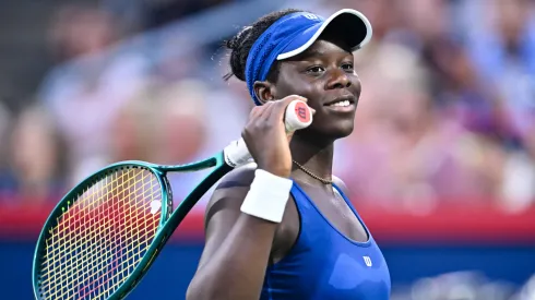 Victoria Mboko of Canada smiles after defeating Coco Gauff in Montreal