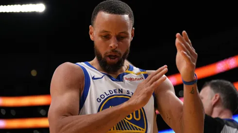 Stephen Curry #30 of the Golden State Warriors reacts during the second half of a game at Crypto.com Arena against the Los Angeles Lakers.