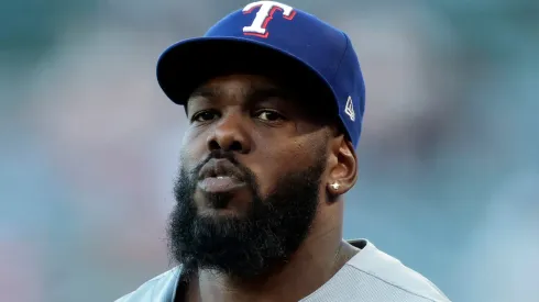 Adolis García #53 of the Texas Rangers on field against the Los Angeles Angels in the fourth inning at Angel Stadium of Anaheim on July 28, 2025.