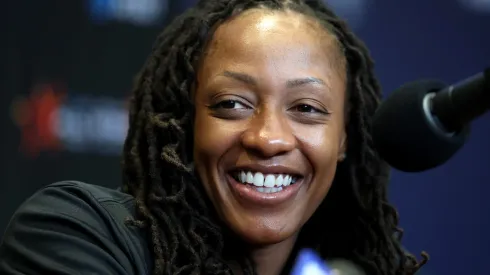 Kelsey Mitchell #0 of the Indiana Fever reacts during a press conference during the 2025 AT&T WNBA All-Star practice sessions at Gainbridge Fieldhouse on July 18, 2025.