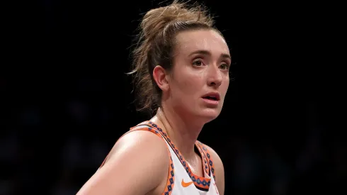 Marina Mabrey #3 of the Connecticut Sun reacts in the first half against the New York Liberty at Barclays Center on June 01, 2025.