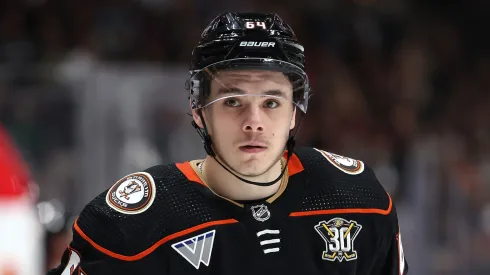 Colangelo #64 of the Anaheim Ducks looks on during the second period of a game against the Calgary Flames at Honda Center on April 12, 2024 in Anaheim, California.