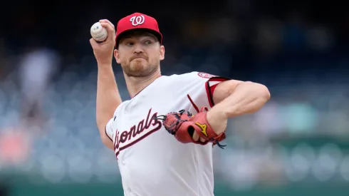 Michael Soroka #34 of the Washington Nationals pitches to the Cincinnati Reds during the first inning at Nationals Park on July 23, 2025 in Washington, DC.