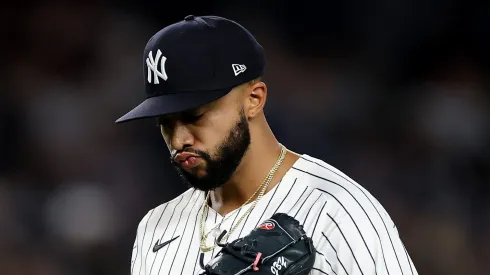 Devin Williams #38 of the New York Yankees reacts after he is pulled from the game in the ninth inning against the Toronto Blue Jays at Yankee Stadium on April 25, 2025 in the Bronx borough of New York City. The Toronto Blue Jays defeated the New York Yankees 4-2.