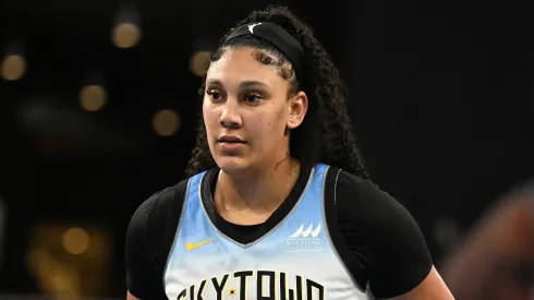 Kamilla Cardoso #10 of the Chicago Sky looks on during the game against the Atlanta Dream during the fourth quarter at Gateway Center Arena on June 13, 2025.