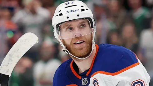 Connor McDavid #97 of the Edmonton Oilers celebrates after scoring a goal against Casey DeSmith #1 of the Dallas Stars during the second period in Game Five of the Western Conference Final of the 2025 Stanley Cup Playoffs at American Airlines Center on May 29, 2025 in Dallas, Texas. 
