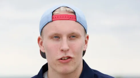 NHL draft prospect Patrik Laine speaks to the media during the Top Prospects Media Availability as part of the 2016 NHL Draft at the Erie Basin Marina on June 23, 2016 in Buffalo, New York.