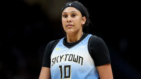 Kamilla Cardoso #10 of the Chicago Sky looks on during the game against the Seattle Storm at Climate Pledge Arena on July 05, 2024.