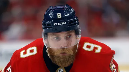 Sam Bennett #9 of the Florida Panthers prepares for a face-off against the Edmonton Oilers in Game Seven of the Final of the 2024 Stanley Cup Playoffs at the Amerant Bank Arena on June 24, 2024 in Sunrise, Florida.