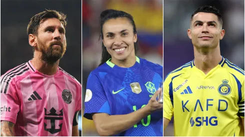 Lionel Messi #10 of Inter Miami CF, Marta Vieira #10 of Brazil and Cristiano Ronaldo #7 of Al Nassr.