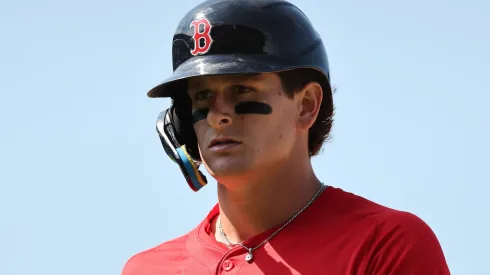 Roman Anthony #19 of the Boston Red Sox looks on against the Chicago Cubs at Wrigley Field on July 18, 2025.
