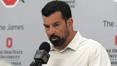 Ohio State Buckeyes head coach Ryan Day addresses members of the media during a press conference at Woody Hayes Athletic Center on April 29, 2025 in Columbus, Ohio.
