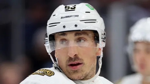 Brad Marchand looks on during the first period against the Seattle Kraken at Climate Pledge Arena on February 26, 2024 in Seattle, Washington.