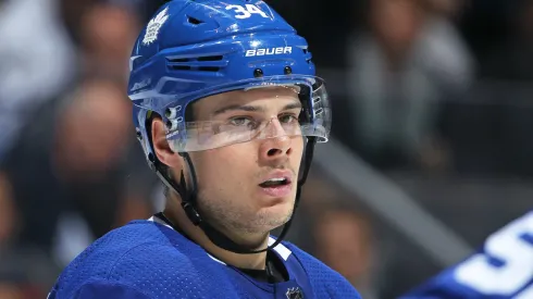 Auston Matthews #34 of the Toronto Maple Leafs waits for a faceoff against the Vegas Golden Knights during an NHL game at the Air Canada Centre on November 6, 2017 in Toronto, Ontario, Canada.