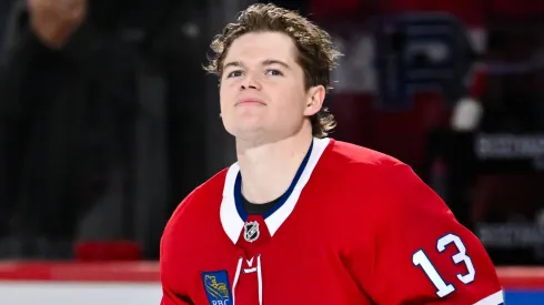Cole Caufield #13 of the Montreal Canadiens skates onto the ice after being named the first star of the game against the Ottawa Senators at the Bell Centre on October 12, 2024 in Montreal, Quebec, Canada.
