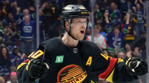 Elias Pettersson #40 of the Vancouver Canucks celebrates after scoring a goal against the Toronto Maple Leafs during the third period of their NHL game at Rogers Arena on January 20, 2024 in Vancouver, British Columbia, Canada.
