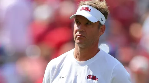 Head coach Lane Kiffin of the Mississippi Rebels looks on during warmups prior to facing the Alabama Crimson Tide at Bryant-Denny Stadium on September 23, 2023 in Tuscaloosa, Alabama.