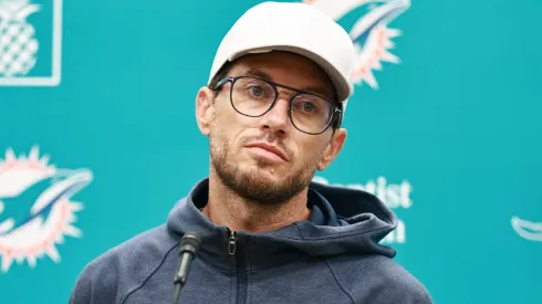 Head Coach of the Miami Dolphins Mike McDaniel speaks to media at Baptist Health Training Complex on July 25, 2025 in Miami Gardens, Florida.
