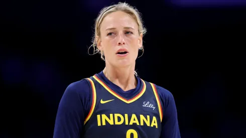 Sophie Cunningham #8 of the Indiana Fever looks on during the first half of a game against the Los Angeles Sparks.
