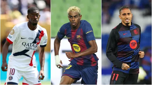 Ousmane Dembele (left), Lamine Yamal (c), and Raphinha.