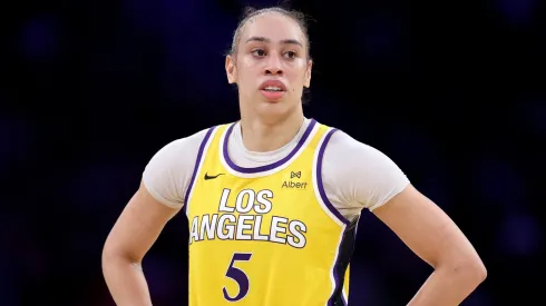 Dearica Hamby #5 of the Los Angeles Sparks looks on during the first half of a game against the Indiana Fever at Crypto.com Arena on August 05, 2025.